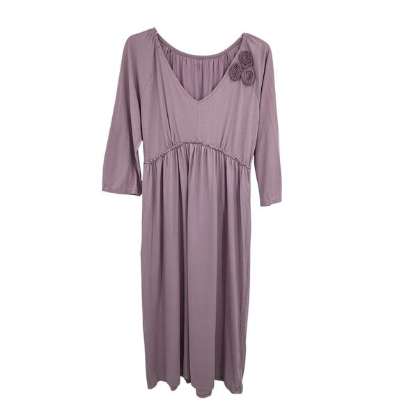 Green Cotton By Garnet Hill dress large V neck empire rosette 3/4 sleeve midi - Picture 1 of 7